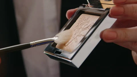 Macro Shot of Professional Makeup Brush Picking Up Shimmering Face Highlighter Stock Footage 327789983