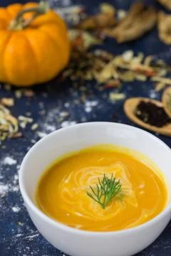 Macro shot pumpkin soup Stock Photos