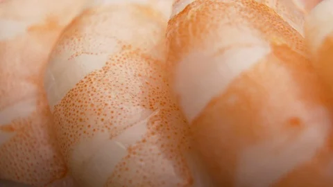 Macro shot of Raw Tiger Shrimp segments with vibrant colors Stock Footage 126636712