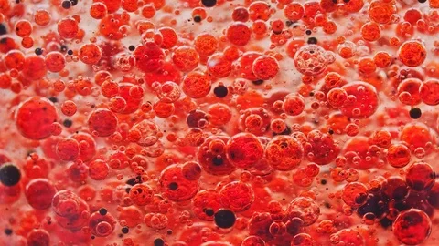 Macro shot of red and black bubbles slowly moving around in water Video stock 124671227