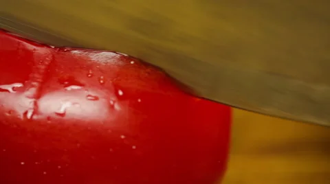 Macro Shot Of A Red Bell Pepper Being Sliced Stock Footage 61097815