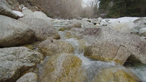 Macro shot of river water flowing between pebbles in the forest, Salt Lake City Stock Footage 288333286