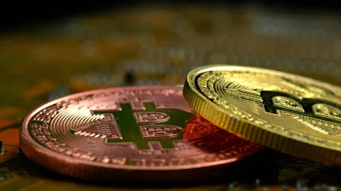 Macro shot of rotating bitcoins.  Blockchain technology. Stock Footage 155156940