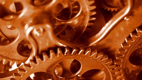 Macro Shot of Rotating Copper Metal Gears Stock Footage 332621330