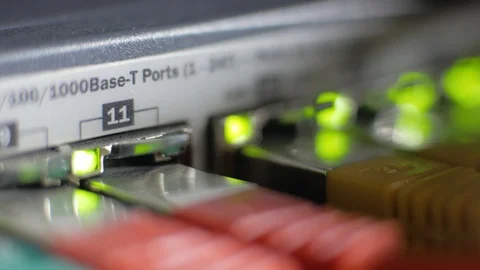 Macro shot of a server with flashing green lights for connection and lot of Video stock 92462734