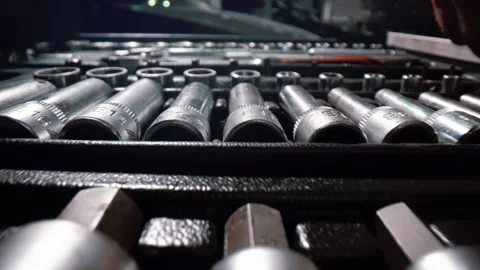 Macro shot of a set of tools and wrenches at a car service station Stock Footage 340580950