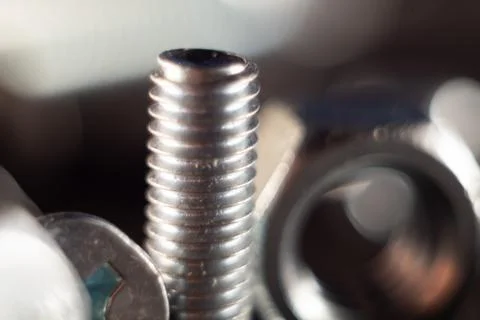 Macro shot of a silver solid screw on the ground with a blurry background Foto stock