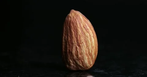 Macro shot of a single peeled roasted almond nut standing flat with moving light Stock Footage 153038736