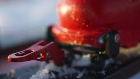 Macro shot of ski boots clip on ski touring, in the Alps, France Stock Footage 239793364