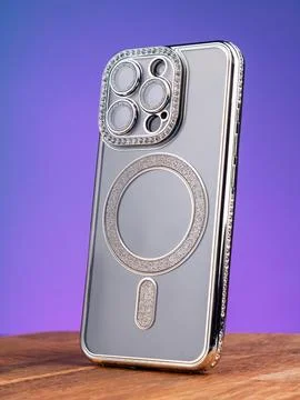Macro shot of a smartphone equipped with three cameras, protected by a case,  Stock Photos
