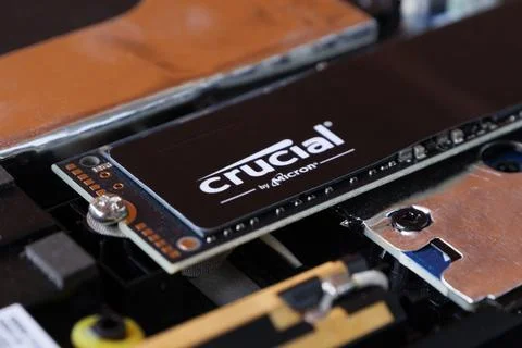 Macro shot of a solid-state drive installed inside a computer system Stock Photos