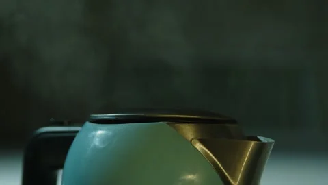 Macro shot of steam rising from a kettle in a dark kitchen, Germany Stock Footage 293565200