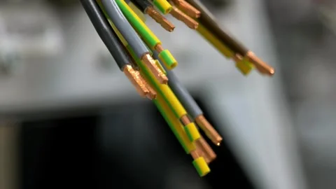 Macro shot of stripped electrical copper wires for industrial grounding Stock Footage 328644931