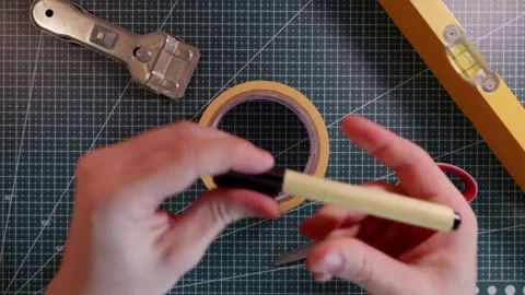 Macro shot of tape roll mockup on green mat with tools closing marker. Stock Footage 337816249