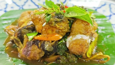 Macro shot of Thai stir-fried spicy catfish with curry paste. Stock Footage 342403510
