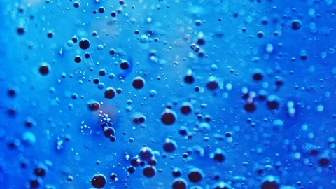 Macro shot of tiny blue ink bubbles floating in water Stock Footage 124671213