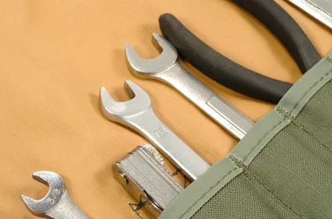 Macro shot of tools in a pouch Foto stock