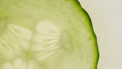 Macro Shot of Transparent Slice of Cucumber Fruit and Rotate. Closeup Fresh Stock Footage 154521237
