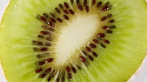 Macro Shot of Transparent Slice of Kiwi Fruit and Rotate. Closeup Fresh Kiwi Stock Footage 156655361