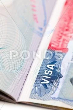 Macro shot of a u.s. visa on passport page Stock Photos
