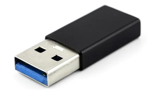 Macro shot of the USB type-C to USB type-A 3.0 adapter, isolated on a white b Foto stock