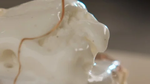 Macro shot vanilla ice cream poured thick chocolate. Slow motion video Video stock 113864549