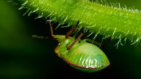 Macro shot of a Venus flytrap, with a green body and head, perched on a green le 库存照片