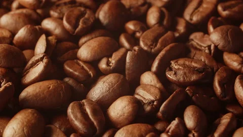 Macro-shot of vibrating and slowly moving coffe beans in warm light. Stock Footage 170117413