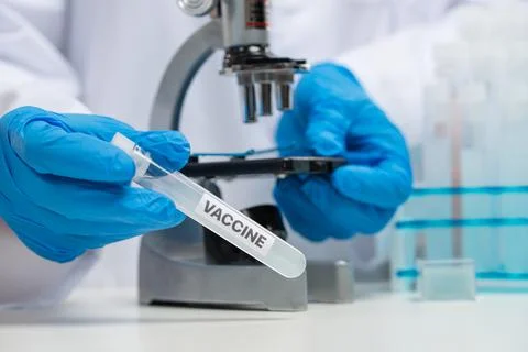 Macro shot view of hands in blue protective gloves holds biological tube with Stock Photos