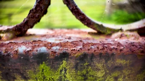 Macro Shot of a Weathered Old Rusty Gate Covered in Moss and Patina Stock Footage 339972686