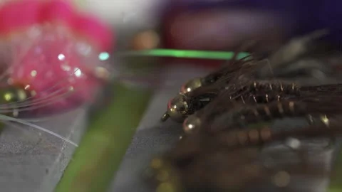 Macro Shot Of Wet Nymph Pattern Trout And Salmon Fly Fishing Flies, Tied Stock Footage 148402835
