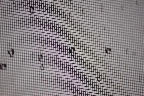 Macro shot of window screen mesh texture with scattered water drops 库存照片