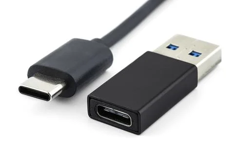 Macro shots of the USB 3.1 Type-C cable and adapter to USB 3.0 type A, isolat Stock Photos