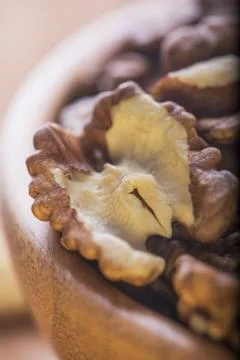 Macro side view of group of large dried ukranian russian peeled Walnut kernel Stock Photos