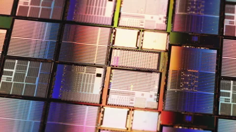 Macro of silicon wafer semiconductor, integrated circuits to manufacture CPU GPU Stock Footage 158074957