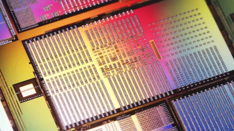 Macro of silicon wafer semiconductor, integrated circuits to manufacture CPU GPU Stock Footage 158865122