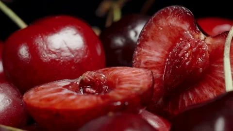 Macro of Sliced Cherry with Pit, Light Glinting on Berries. Berry Background Stock Footage 278316043