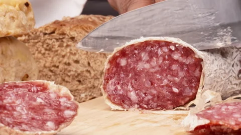 Macro Slicing of the Salami Stock Footage 248747469