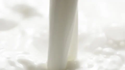 Macro slow motion pouring white milk, closeup splashing fresh drink with bubbles Video stock 193330639