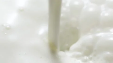 Macro slow motion pouring white milk, closeup splashing fresh drink with bubbles Vídeo Stock 204835289
