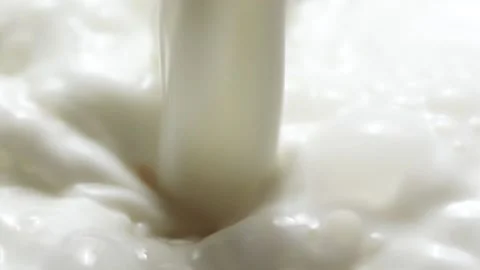 Macro slow motion pouring white milk, closeup splashing fresh drink with bubbles Stockbeeldmateriaal 219301675