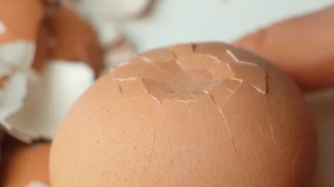 Macro Slow Motion Process Breaking Boiled Egg Shell, Cracks in Shell. Stock Footage 327120055