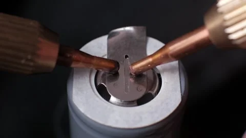 Macro Slow Motion Spot Welding on Lithium Battery Terminal Stock Footage 306215195