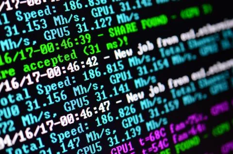 Macro snapshot of the program interface for crypto currency mining on the mon 库存照片