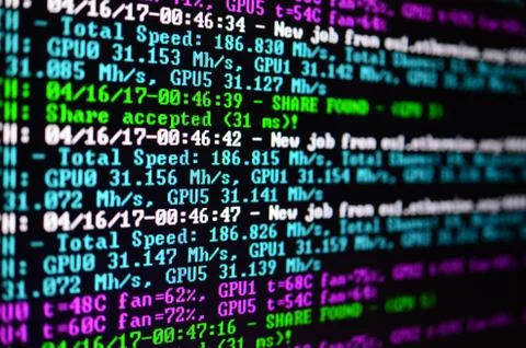 Macro snapshot of the program interface for crypto currency mining on the mon 库存照片
