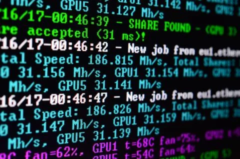 Macro snapshot of the program interface for crypto currency mining on the mon 库存照片