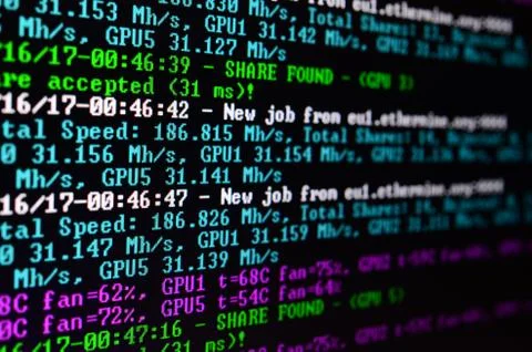 Macro snapshot of the program interface for crypto currency mining on the mon Stockfoto's