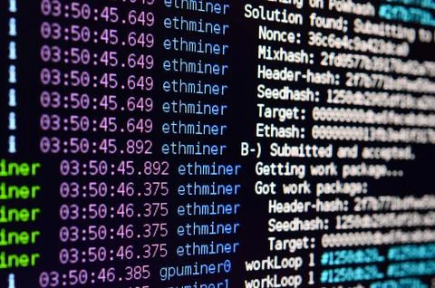 Macro snapshot of the program interface for crypto currency mining on the mon Stockfoto's