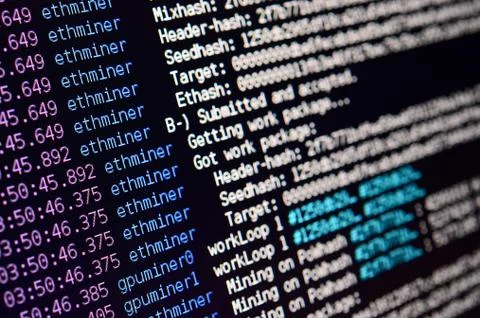 Macro snapshot of the program interface for crypto currency mining on the mon 库存照片