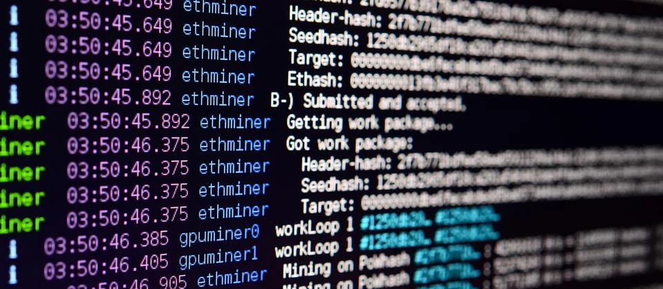 Macro snapshot of the program interface for crypto currency mining on the mon Stockfoto's